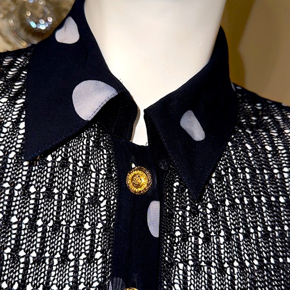 GIANNI VERSACE BLACK SHEER EYELET LACE POLKADOT VINTAGE - Picture 2 of 12